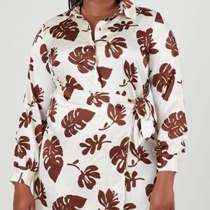 Plus Size Satin Tropical Print Wrap Dress.-Brown/Cream-3X